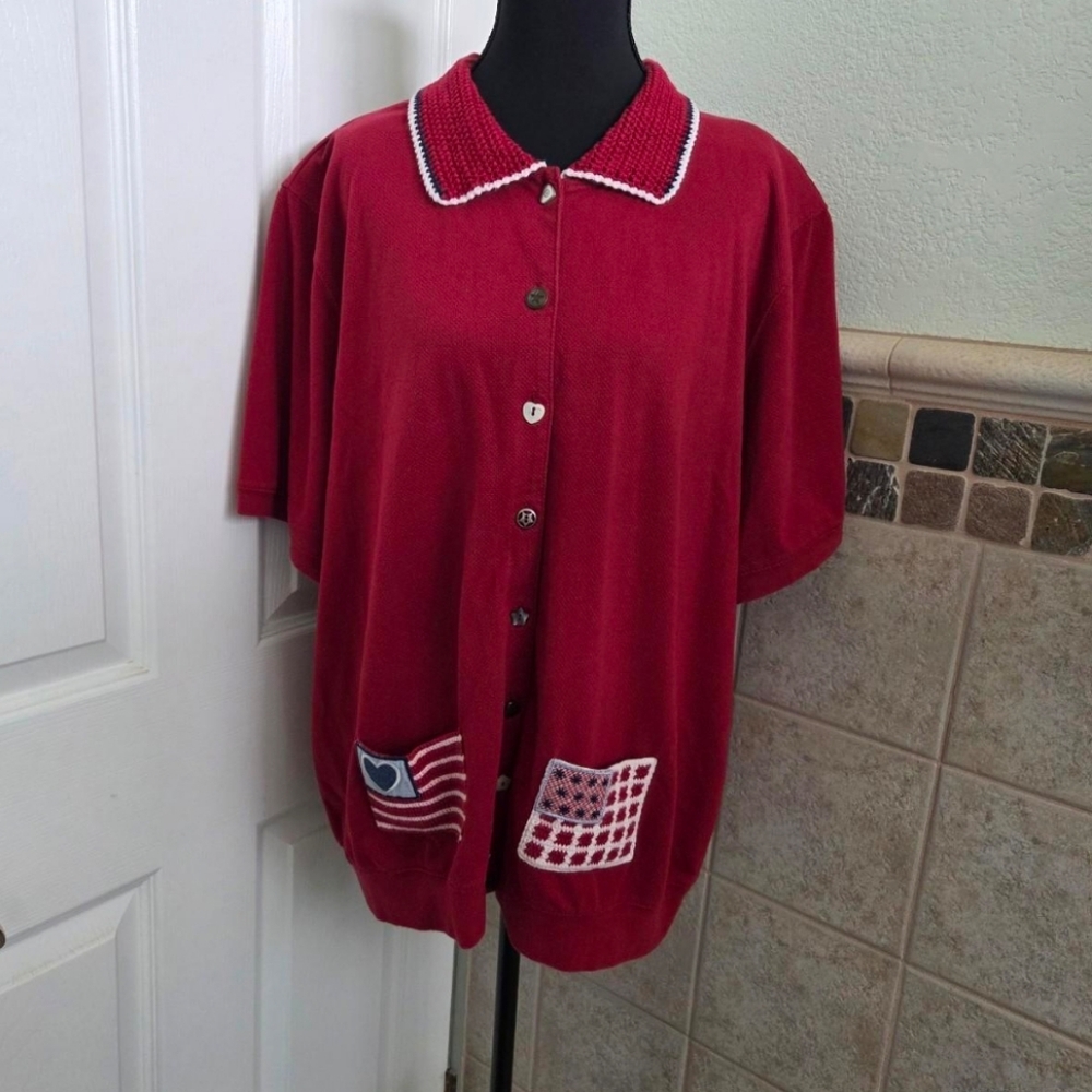 Koret Vtg Red Short Sleeve Knit Cardigan Cottagecore Granny Patriotic USA 2X